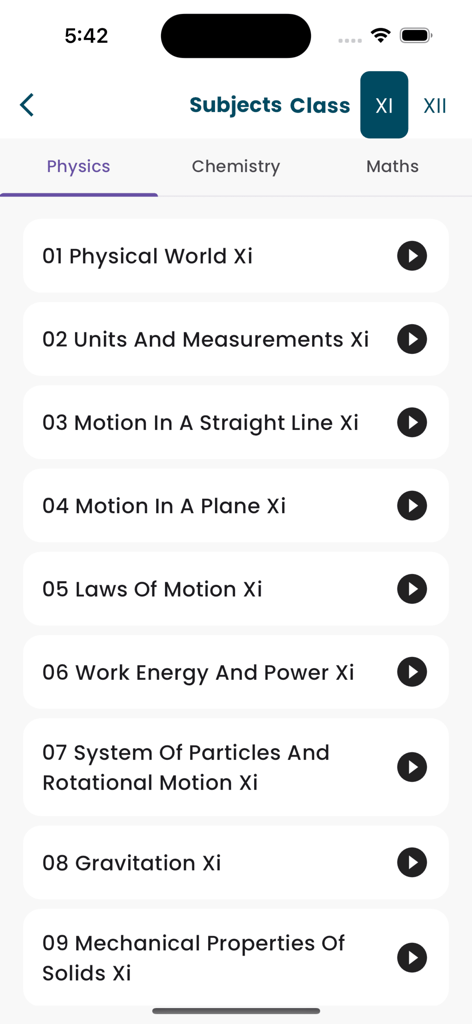Sathee - Sathee app interface showing the physics chapter list for Class 11 students.