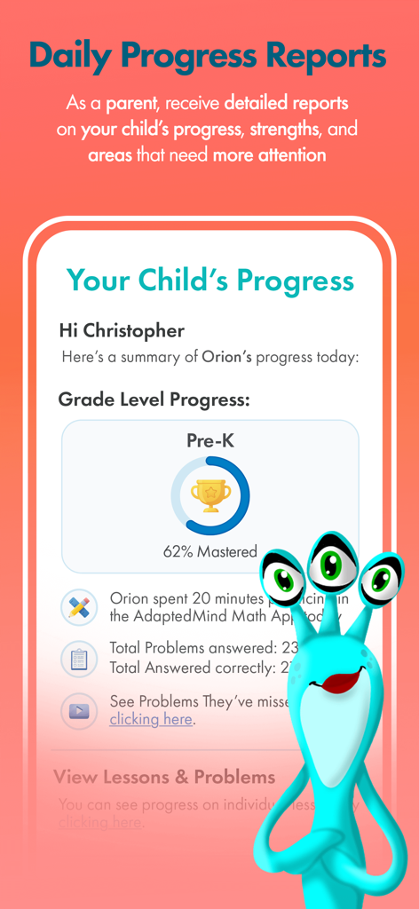 AdaptedMind Math: Learning App - Daily progress report for parents in the AdaptedMind Math app showing child's mastery level and performance metrics.