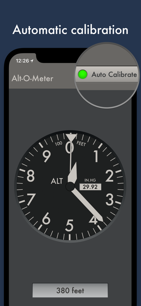 Alt-O-Meter - Interface do aplicativo Alt-O-Meter mostrando calibração automática e um mostrador de altímetro analógico retrô.