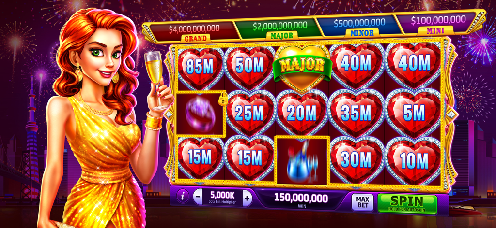 A woman in a gold dress holding champagne next to a heart themed slot machine with a major jackpot