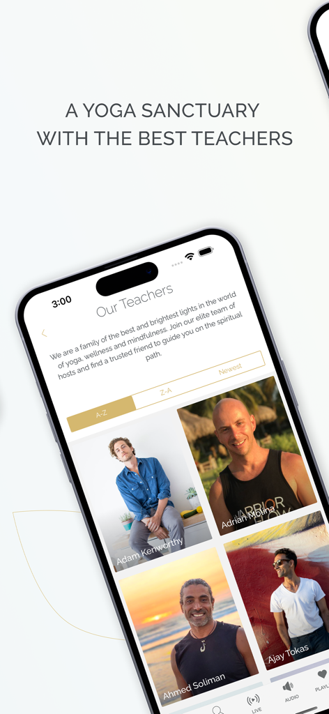 Pantalla móvil que muestra una lista de instructores de yoga y expertos en meditación de clase mundial en la aplicación Omstars