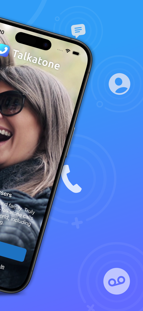 Talkatone app interface on a smartphone with icons for free wifi calling and texting