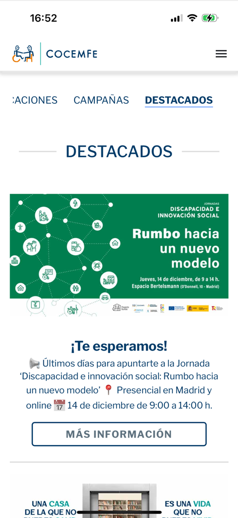 COCEMFE App - A screenshot of the COCEMFE app showing the featured section with an event announcement for a disability and social innovation conference.