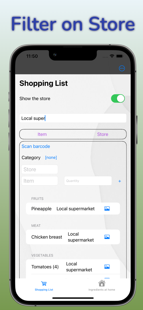 Mobile screen showing a grocery shopping list filtered by store with items like pineapple and chicken breast organized for a local supermarket