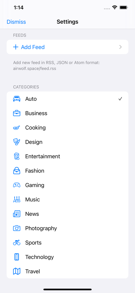 Settings screen of Reader mini app showing various news categories and an option to add a feed