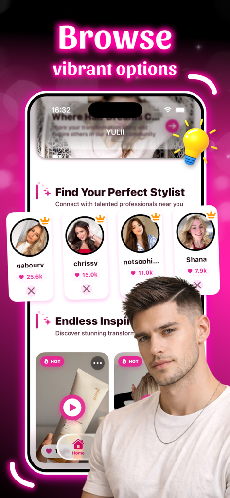 Yulii - Video & Hair - Smartphone screen of Yulii app showing hair stylist profiles and hair inspiration video feed