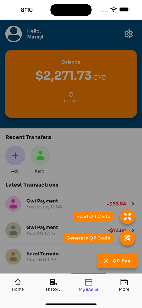 Panel de la billetera de la aplicación WIDIT que muestra el saldo en dólares guyaneses y el historial de transacciones de pagos de facturas