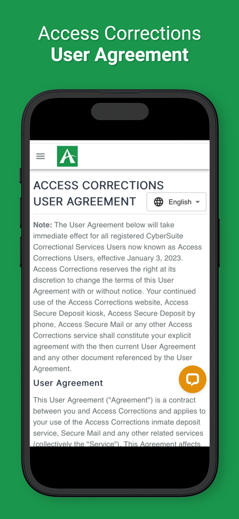 Access Corrections app user agreement and terms of service screen