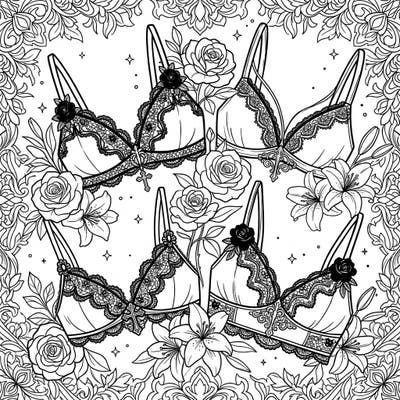 Dive into a world where dark romance meets fresh blooms with this captivating Gothic Spring Bralettes coloring page. Featuring delicate bralettes adorned with intricate lace and roses, surrounded by a mysterious garden of spring flowers, it offers a truly unique artistic escape.