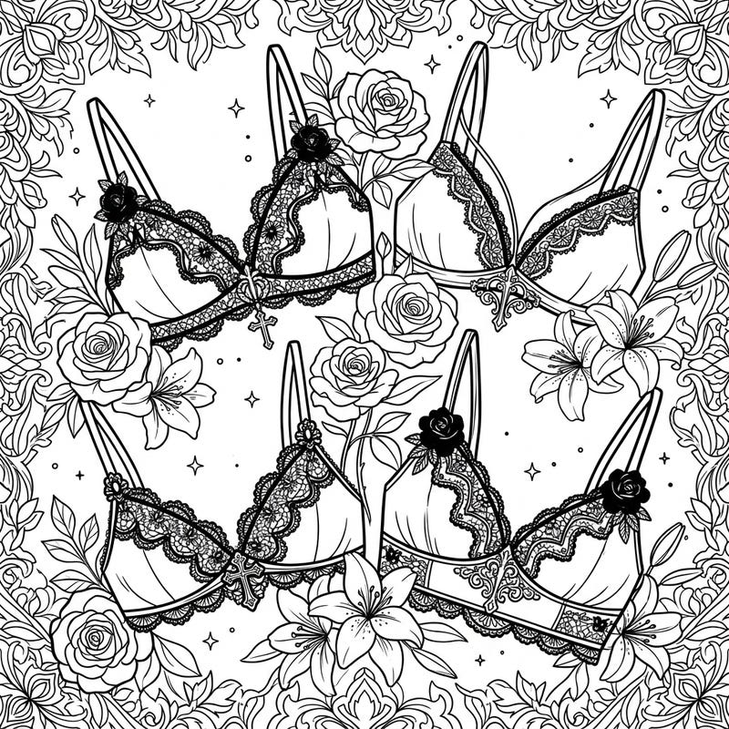 Dive into a world where dark romance meets fresh blooms with this captivating Gothic Spring Bralettes coloring page. Featuring delicate bralettes adorned with intricate lace and roses, surrounded by a mysterious garden of spring flowers, it offers a truly unique artistic escape.
