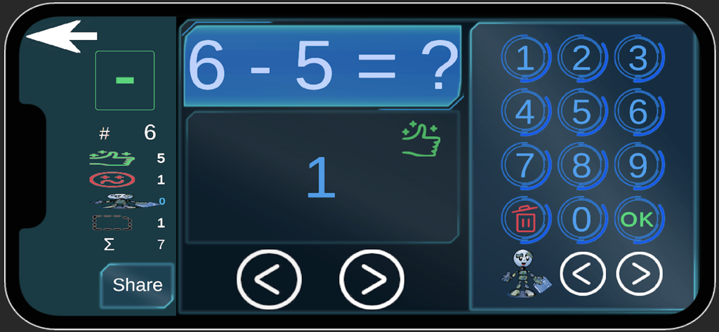 Subtraction problem 6 minus 5 on the Math for Kids with AI app interface.