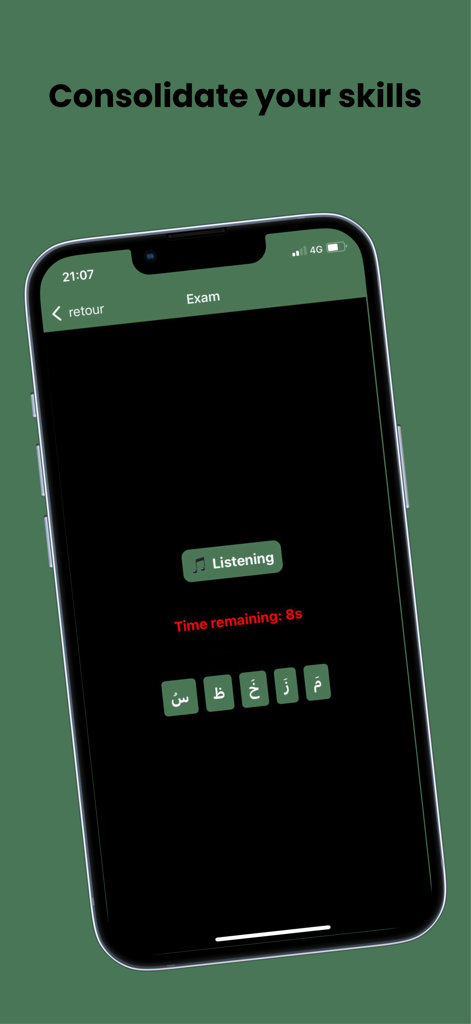 Taqwa Planner - Interface do aplicativo móvel Taqwa Planner mostrando um exame de audição de caracteres árabes com um cronômetro.
