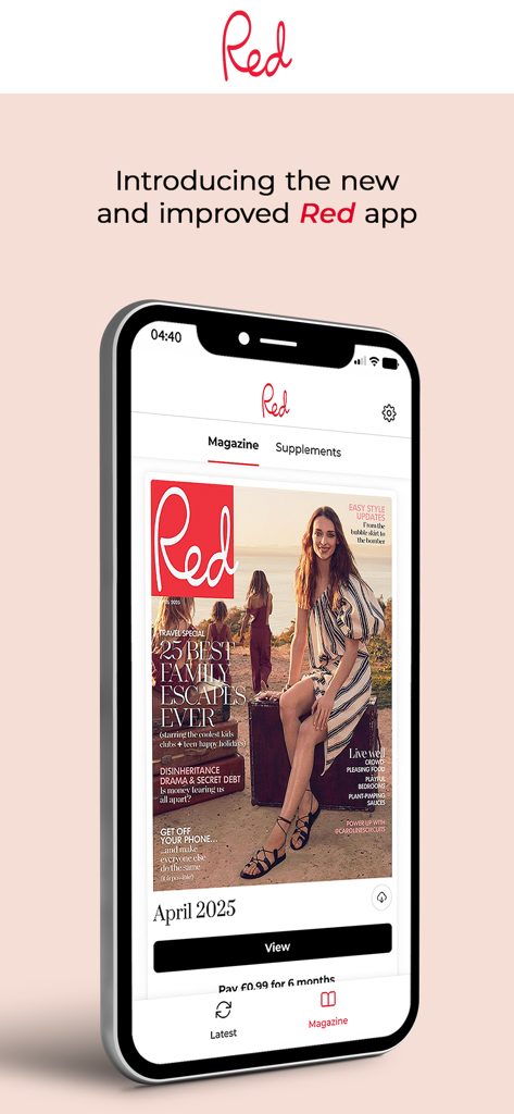 The Red magazine UK lifestyle app on an iPhone showing the April 2025 issue.