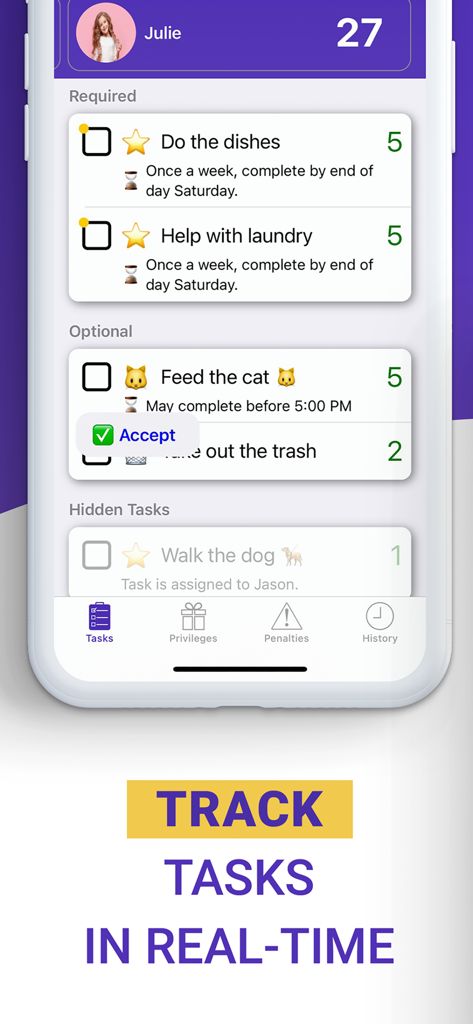 아이를 위한 필수 및 선택 집안일 목록과 보상 포인트가 표시된 화면