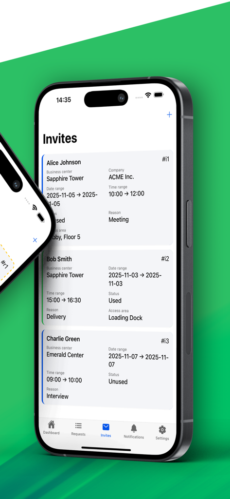 Sapphire Management App visitor invites screen showing scheduled guest list and visit details