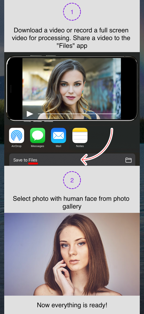 Face Swap A.I. - Pantallas del tutorial de la app Face Swap AI mostrando los pasos para descargar un vídeo y seleccionar una cara de la galería de fotos.