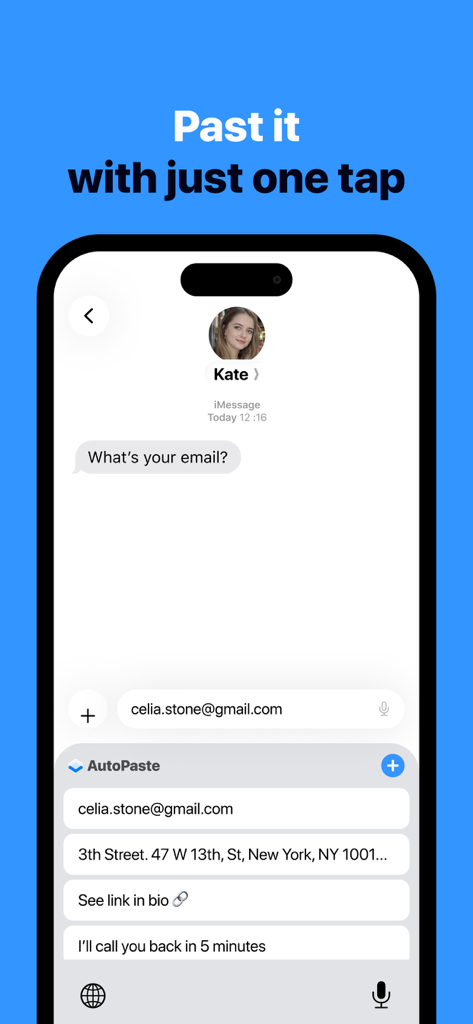Captura de tela do iPhone do AutoPaste Keyboard mostrando atalhos de texto salvos como e-mail e endereço para mensagens rápidas.