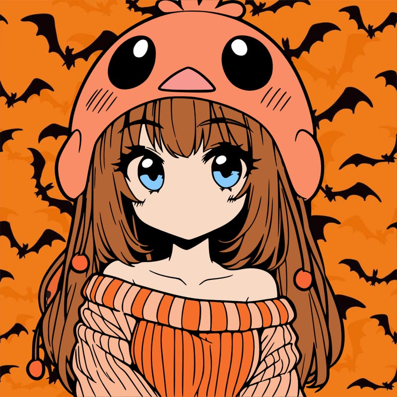 anime girl with chick shaped hat with sweater with bare shoulders with bangs covering them one eye with low tail