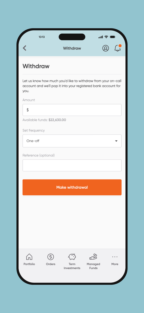 Bildschirm der mobilen Anwendung, der den Auszahlungsprozess für ein Squirrel-Investmentkonto zeigt