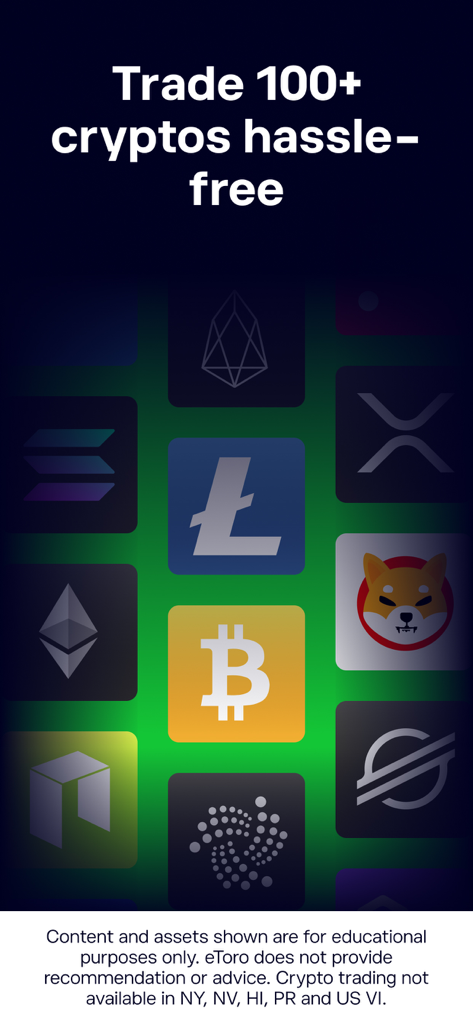A promotional screen for eToro showcasing various cryptocurrency icons and text about hassle-free trading.