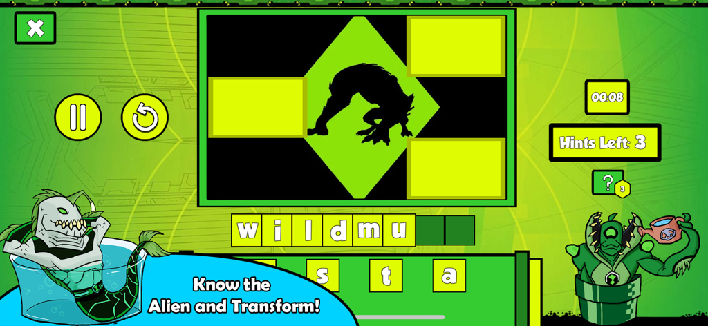 Ben Alien 10 Trivia - A game screen from Ben Alien 10 Trivia showing an alien silhouette guessing puzzle with letter tiles