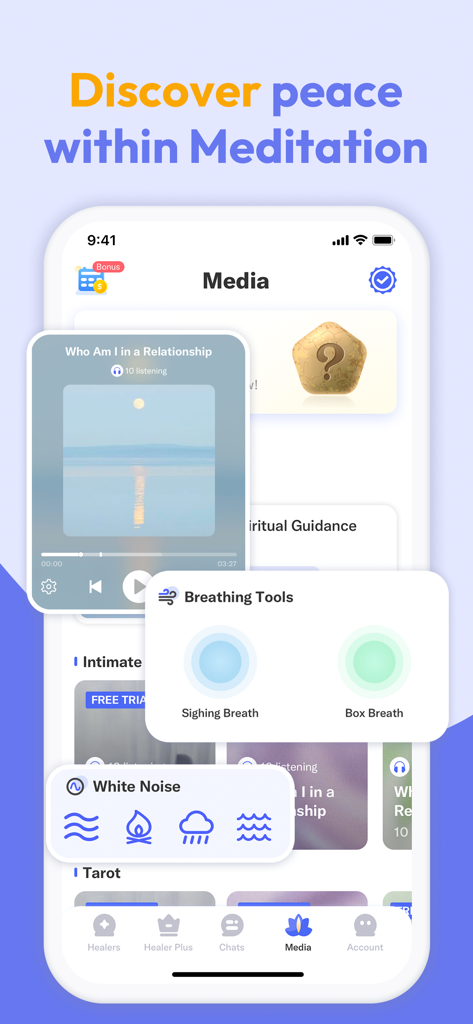 瞑想オーディオ、呼吸ツール、ホワイトノイズオプションを表示するHealerアプリのスピリチュアルウェルネス用インターフェース