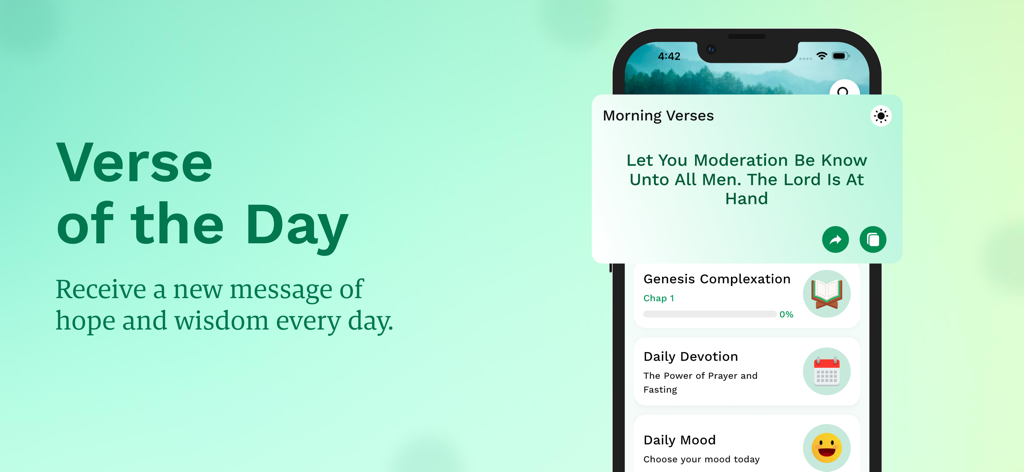 Bible - In the Name of Jesus - Smartphone screen showing a morning Bible verse and daily devotion options on a light green background