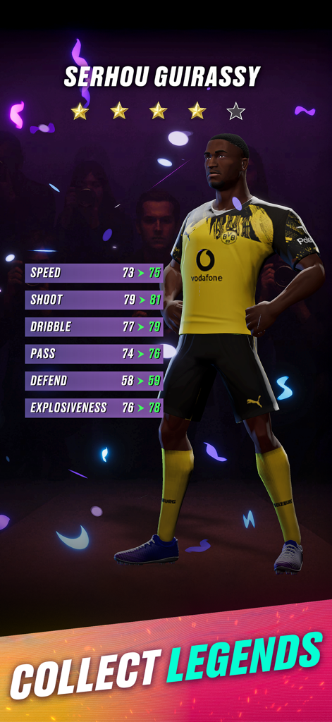 FIFA Rivals - Mobile Football - Carta de jugador digital de Serhou Guirassy mostrando estadísticas de fútbol mejoradas en FIFA Rivals.