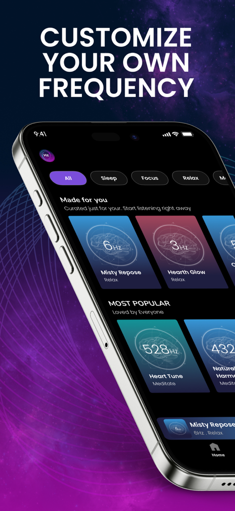 Frequency Generator: HZ - Interfaz de iPhone de la aplicación Frequency Generator HZ que muestra frecuencias de sonido personalizables y ajustes preestablecidos para dormir, enfocar y relajarse