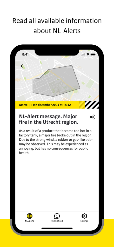 NL-Alert App-Oberfläche, die eine Notfallmeldung über einen Großbrand in der Region Utrecht mit einer Karte anzeigt