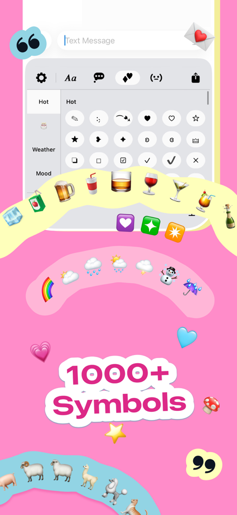 Interfaz del teclado de fuentes estéticas que muestra una variedad de símbolos especiales e iconos de emoji decorativos sobre un fondo rosa.
