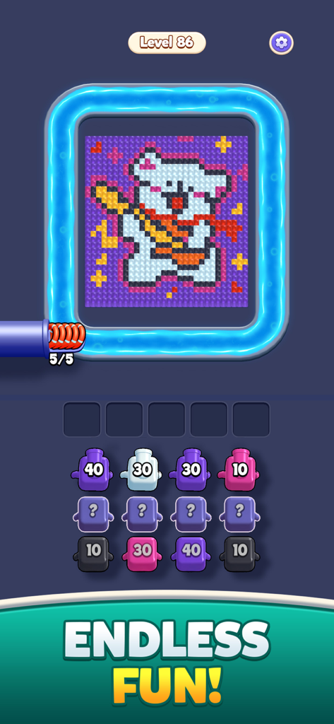 Color Blast Shooter - Tela de jogabilidade de Color Blast Shooter apresentando um urso em pixel art e elementos de quebra-cabeça coloridos