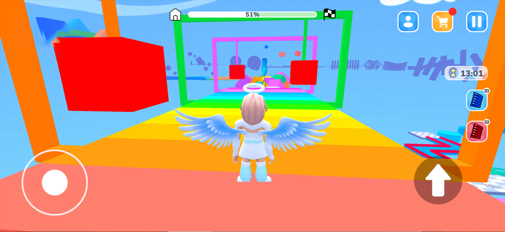 Obby World: Prison Escape - Character with angel wings navigating a rainbow colored obstacle course