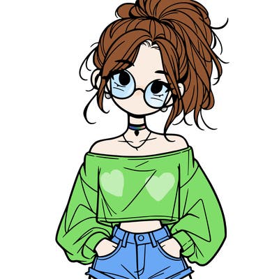 girl with a messy ponytail glasses a baggy crop top and jean shorts