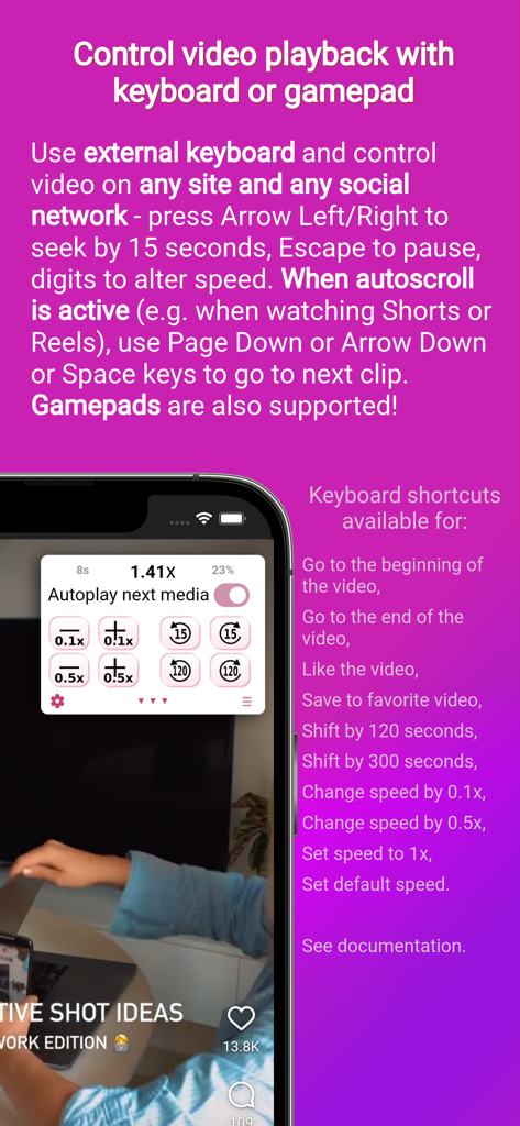 ClipGlider app screen explaining how to control video playback with a keyboard or gamepad.