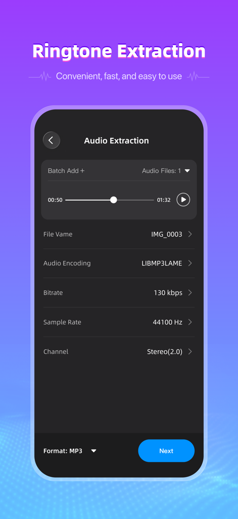 Interfaz de la aplicación AudioSnap para la extracción de tonos de llamada que muestra la configuración del archivo de audio y las opciones de formato