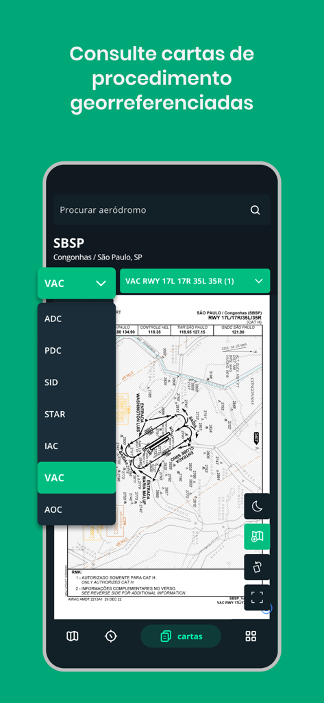 Interface de l'application mobile NexAtlas affichant une carte de procédure géoréférencée pour la navigation à l'aéroport SBSP