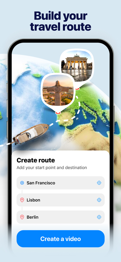 Interface of Journey Boast app showing a travel route from San Francisco to Berlin on a 3D globe with photo markers
