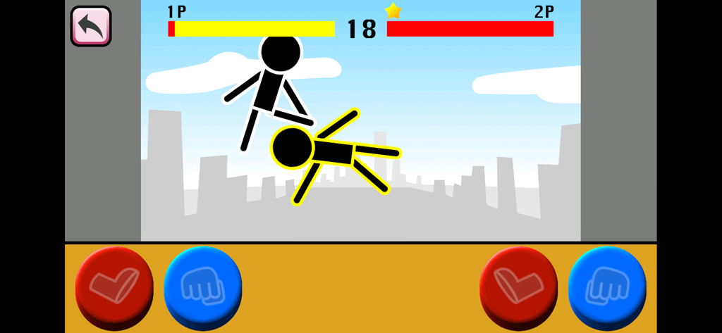 Local two player stickman fighting game combat on a mobile screen