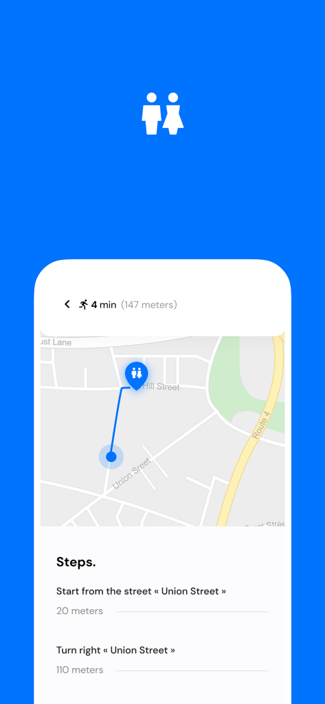 Tela do mapa com instruções de caminhada para um banheiro público próximo