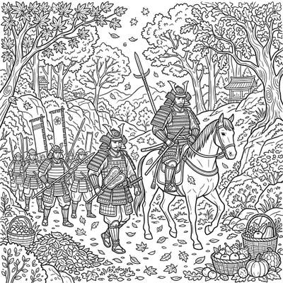 Embark on a historical journey with this coloring page featuring samurai commanders and their soldiers marching through a picturesque autumn forest. Discover intricate details of their armor and the beautiful fall landscape, perfect for an engaging coloring session.