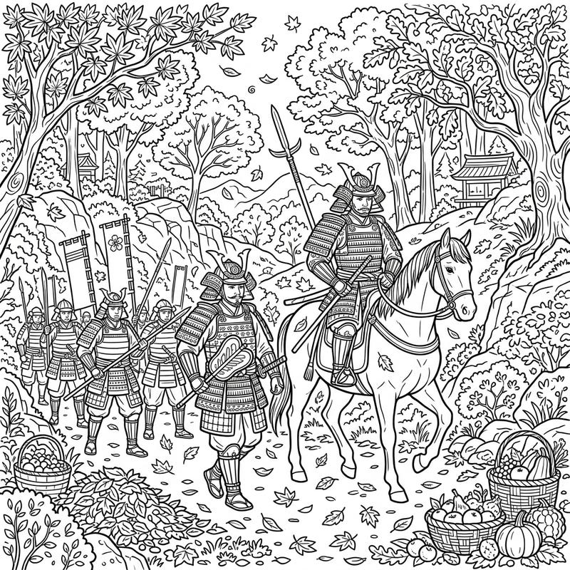 Embark on a historical journey with this coloring page featuring samurai commanders and their soldiers marching through a picturesque autumn forest. Discover intricate details of their armor and the beautiful fall landscape, perfect for an engaging coloring session.
