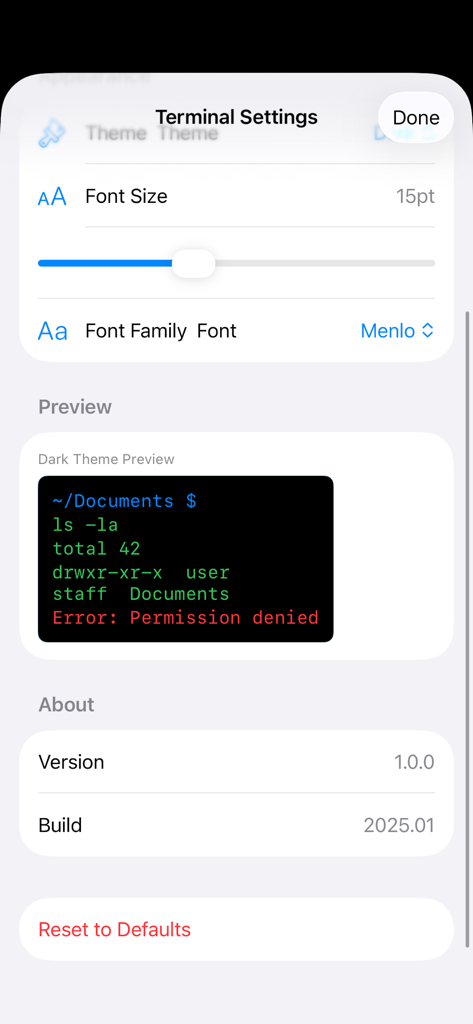 SwiftyTerminal settings screen showing font size and font family options with a terminal preview window.