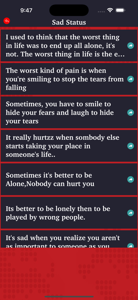 Love Status - Romantic Quotes - Mobile app screen showing a list of sad status quotes with share buttons