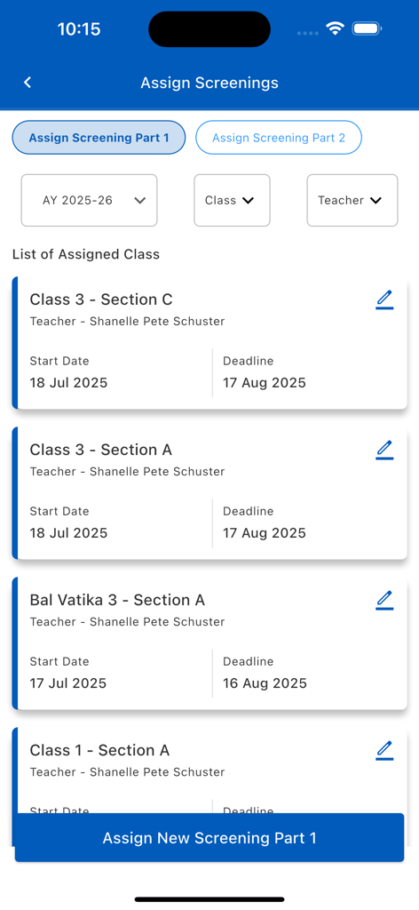 PRASHAST app interface showing the Assign Screenings screen with class lists and deadlines