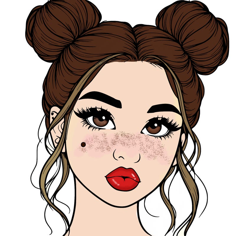 realistic girl with two buns on her hair and lips
