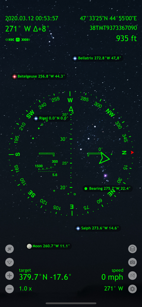 Spyglass - Interface de RA do Spyglass mostrando navegação celestial com rótulos de estrelas e dados de GPS