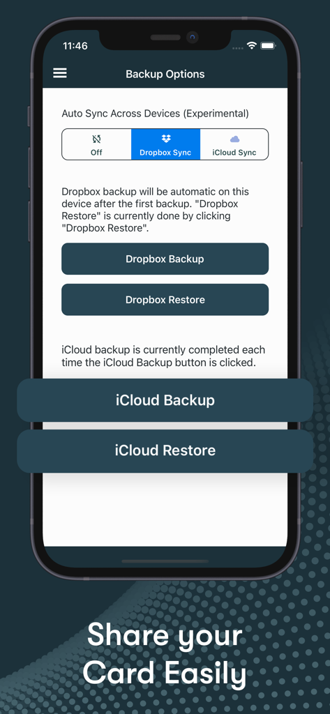 Interface of the Card Manager app showing backup and sync options for Dropbox and iCloud to securely store cards