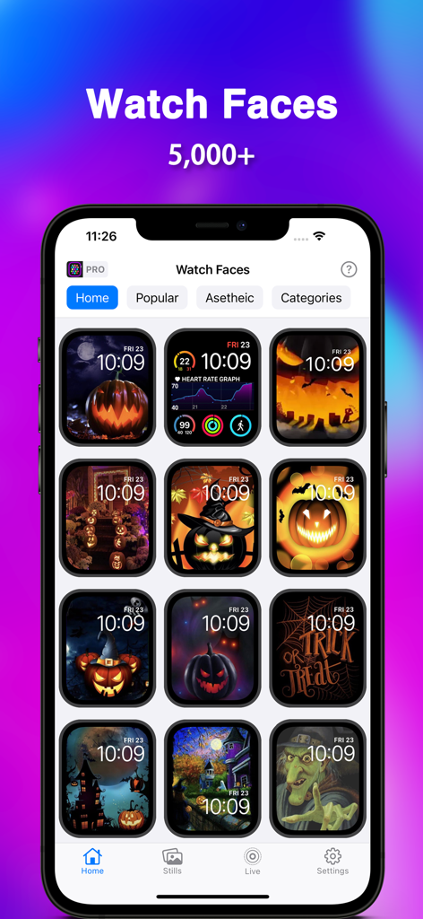 Watch Faces Pro - UltraFace - Smartphone screen showing a variety of Halloween-themed Apple Watch faces in the Watch Faces Pro app