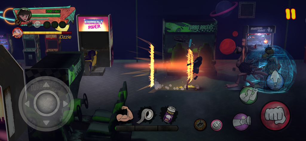 Willy's Wonderland - 暗いネオンに照らされたアーケードで、ゲーム筐体の前でアニマトロニクスのダチョウと戦うキャラクターが登場する2Dビートエムアップゲームのシーン。